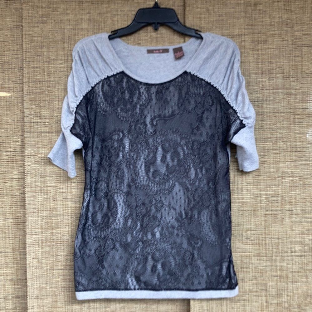 Heather B cotton tee with lace detail colors grey and black